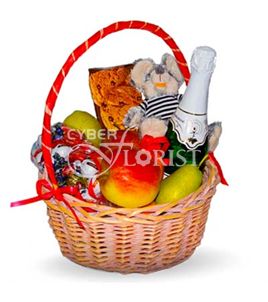 gift basket with champagne toy and fruits